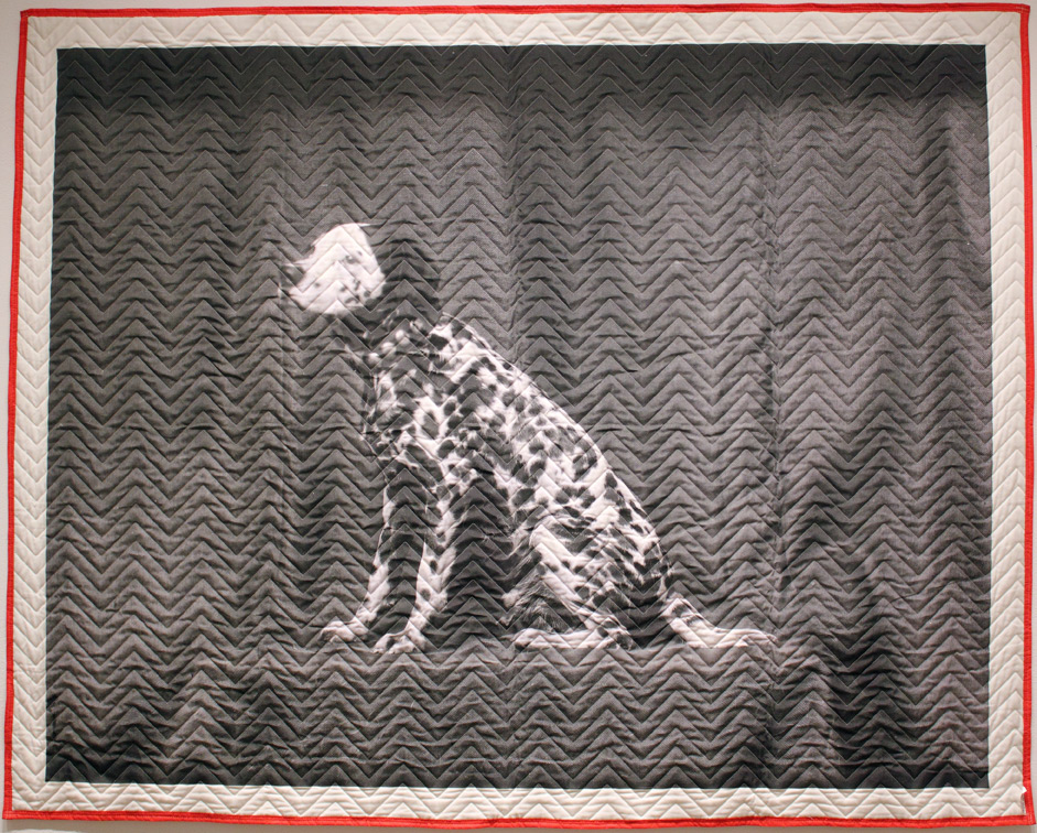 (above) Helen Altman, 'The Magician's Assistant,' 2009. Thermal transfer on quilted fabric, 75 x 95 inches