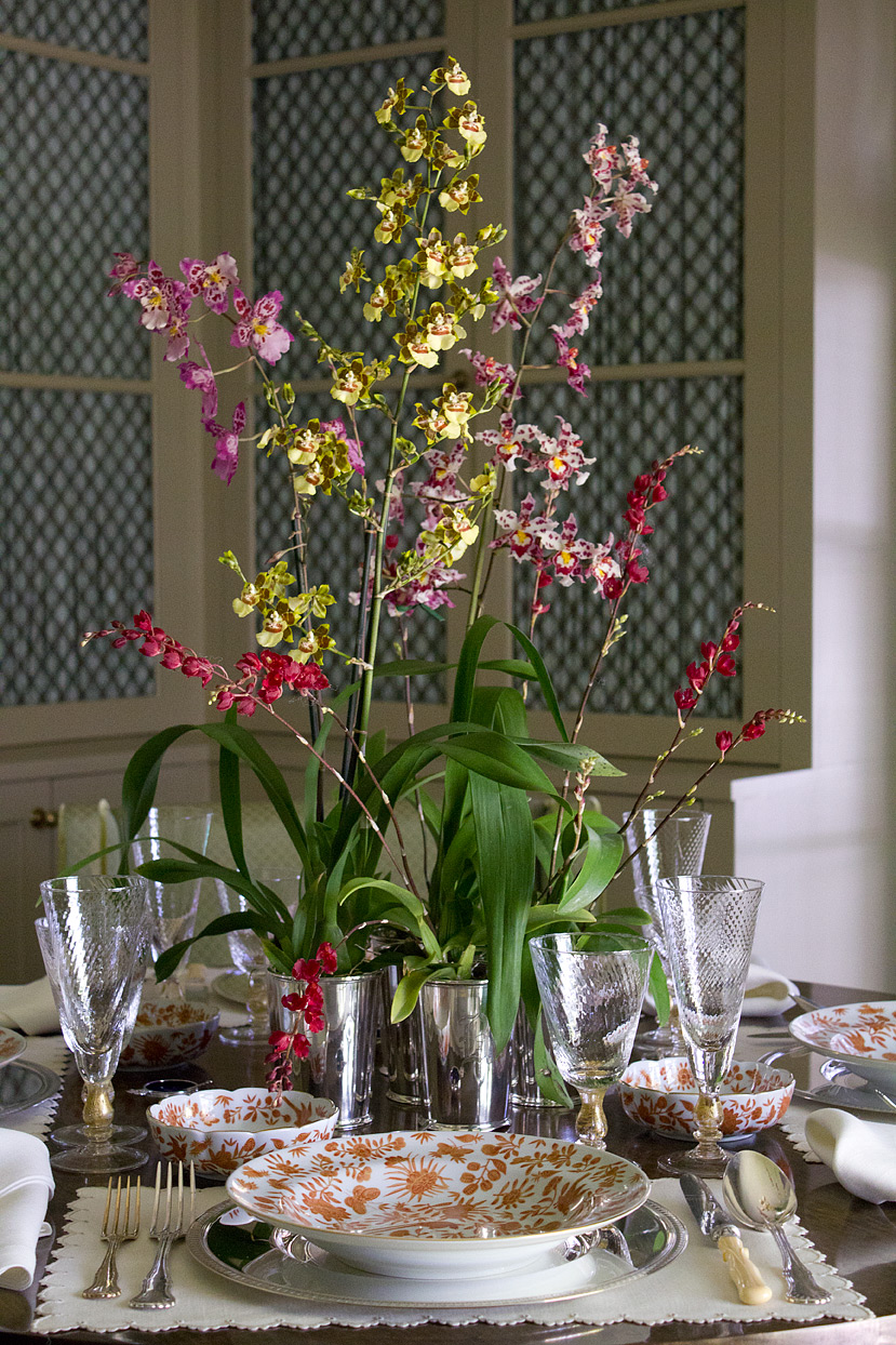 (above) Now you can see the entire centerpiece. I purchased these orchids at Nicholson-Hardie and just dropped them, pot and all, into the silver cups. It was a quick easy solution with no fuss or muss.