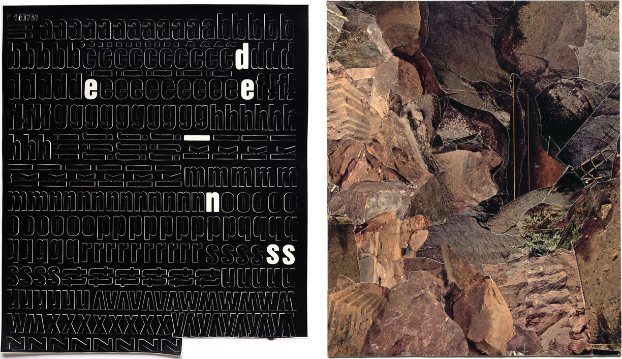 (left) 'Esdenis', 2012, Letraset, 10" x 9”; (right) 'Field #26', 2012, collage on paper, 8/5" x 7"