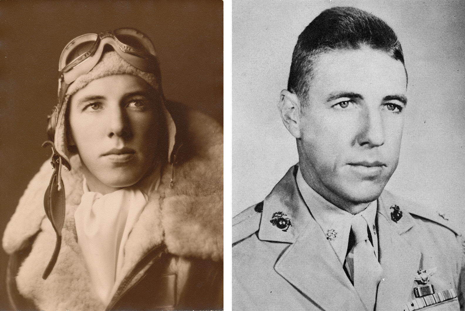 (above left) Frank F. Bell III as Captain, Naval Aviator, U.S. Marine Corps Reserve during World War II (1942–1945); (above right) Major Frank F. Bell III, Naval Aviator, U.S. Marine Corps Reserve, 1953