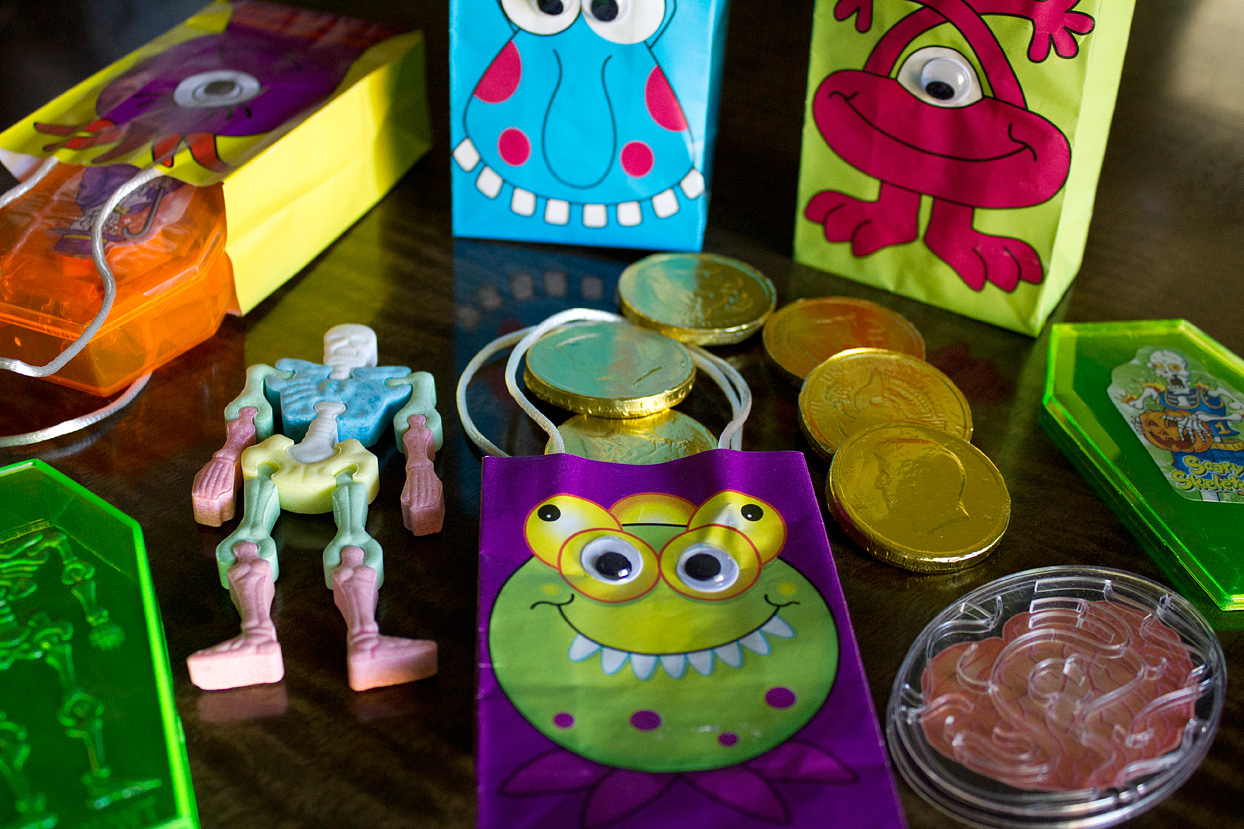 Halloween tricks and treat bags are ready and waiting by the front door.