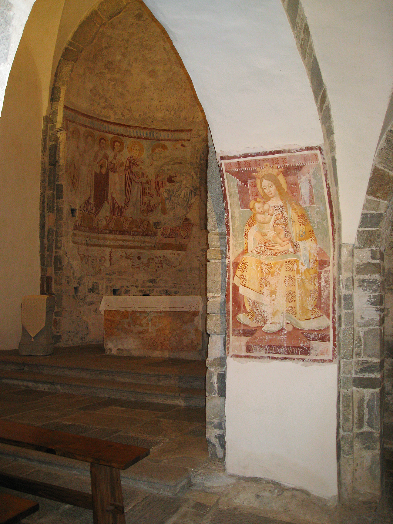 Above, you can see on the pillar an interesting sixteenth century fresco of the "Virgin of the Milk," Mary breast feeding the Christ Child. This image was very common throughout the foothills of the Alps and recalls the cult of “Mother Earth," but, as here, was often censored by painting over the breast.