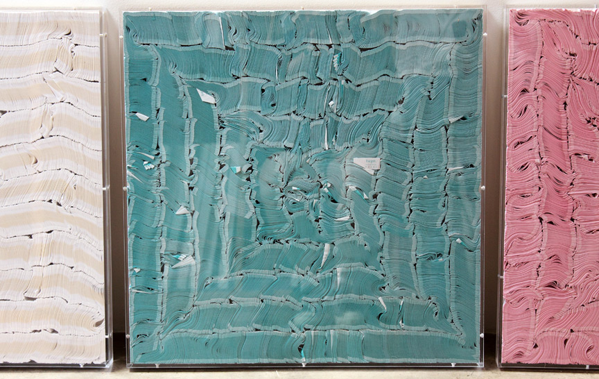 (above left) 'nothing.,' 2007; (above center) 'forget.,' 2007; (above right) nothing.,' 2007(shirt labels and plexiglas, each measures 24.5 x 24.5 x 2 inches)