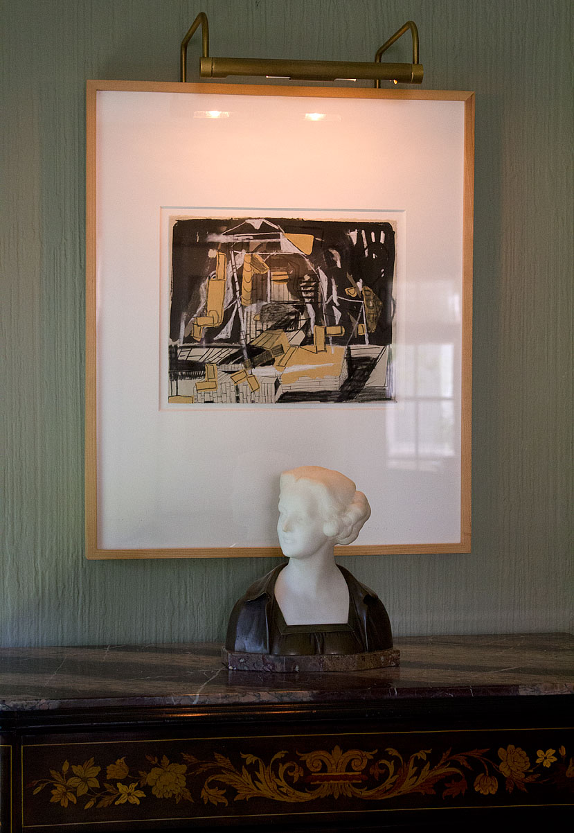 (hanging) Lorraine Tady, 'BTT-TAR (96B),' 1999, charcoal, ink, acrylic on paper; (tabletop) Professor Otto Poertzel’s Carrara marble bust previously discussed here