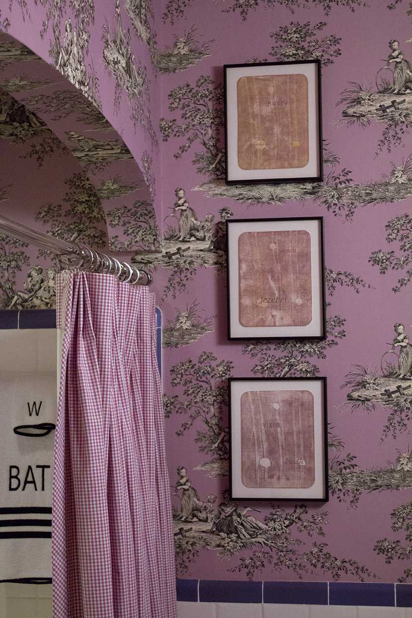 (above) These prints are located in my home's original bathroom. The slang words used are: (top) hussy, whore; (middle) wench, jezebel; (bottom) vixen, trash.