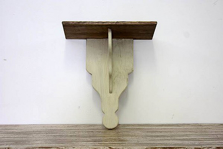 The top photo is an elevation done to scale to show how the wall-hung shelf would fit in on either side of the bed, and it couldn’t be a more perfect fit. The bottom photo is a fuzzy jpeg of the wall-hung shelf from the vendor’s website.