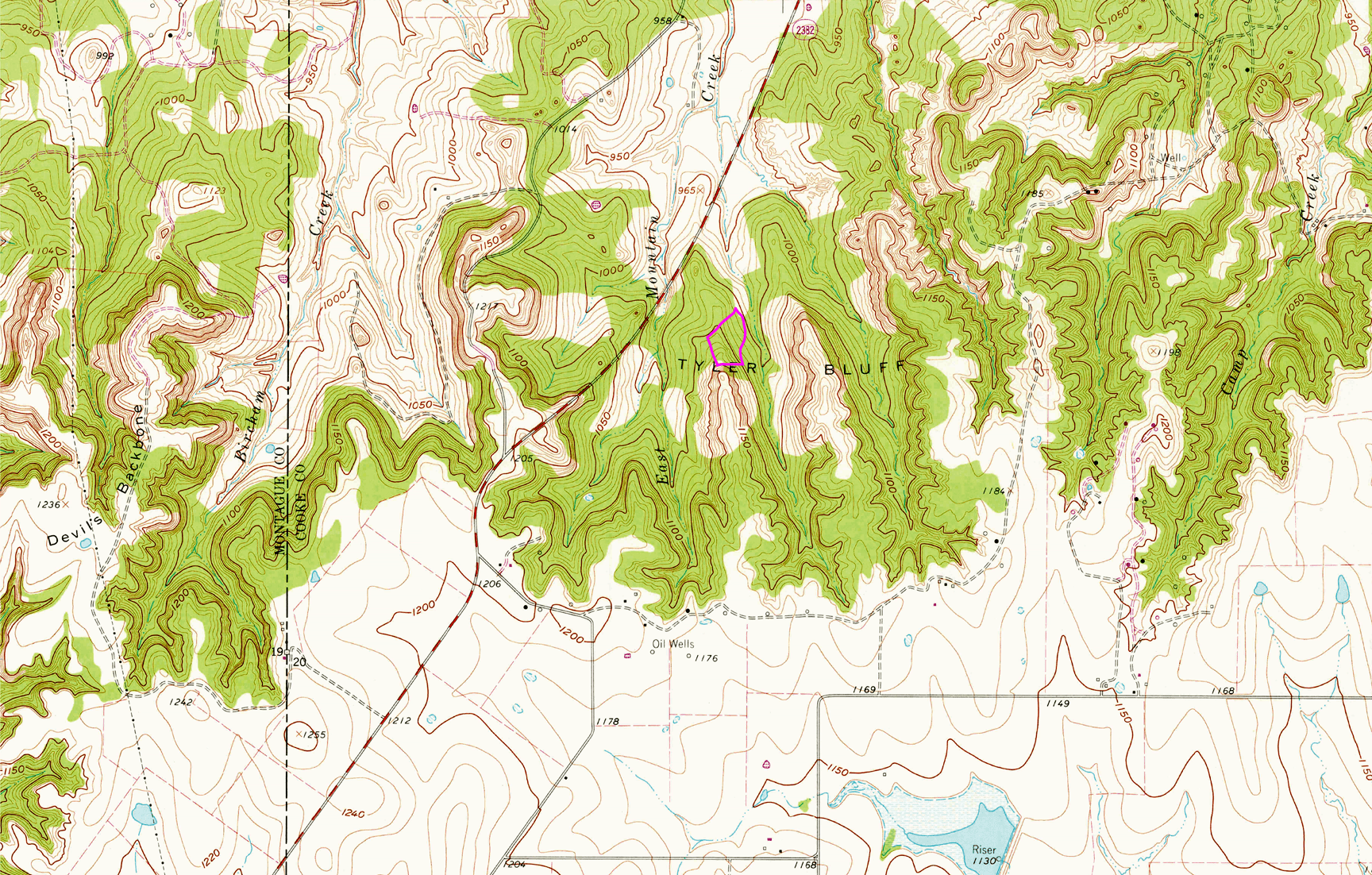 Click this image for a larger version. The pink-lined shape indicates the topographical placement of my acreage outside of Saint Jo, Texas.